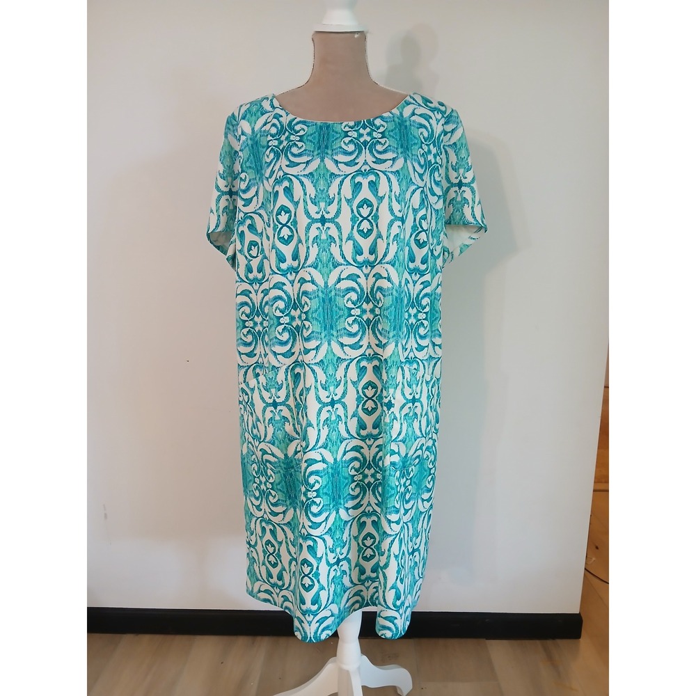 Teal White Damask Print Shift Dress Short Sleeve Round Neck Knee Length